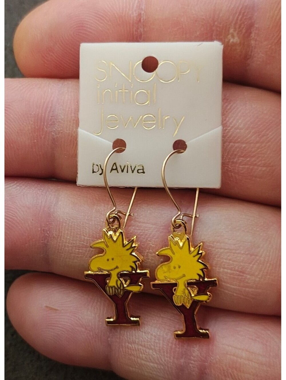 70s Peanuts Woodstock Initial "Y" Gold Tone Cloisonné Enamel Dangle Earrings New